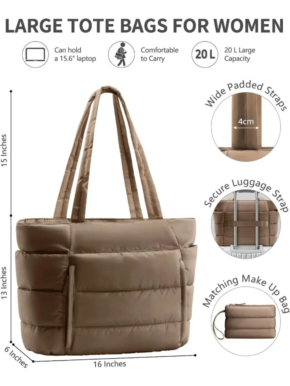 Lightweight Puffer Tote Bag for Women | Stylish Travel & Gym Work Bag